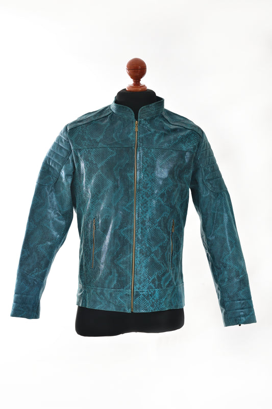 Teal Snake-Textured Leather Moto Jacket for Men