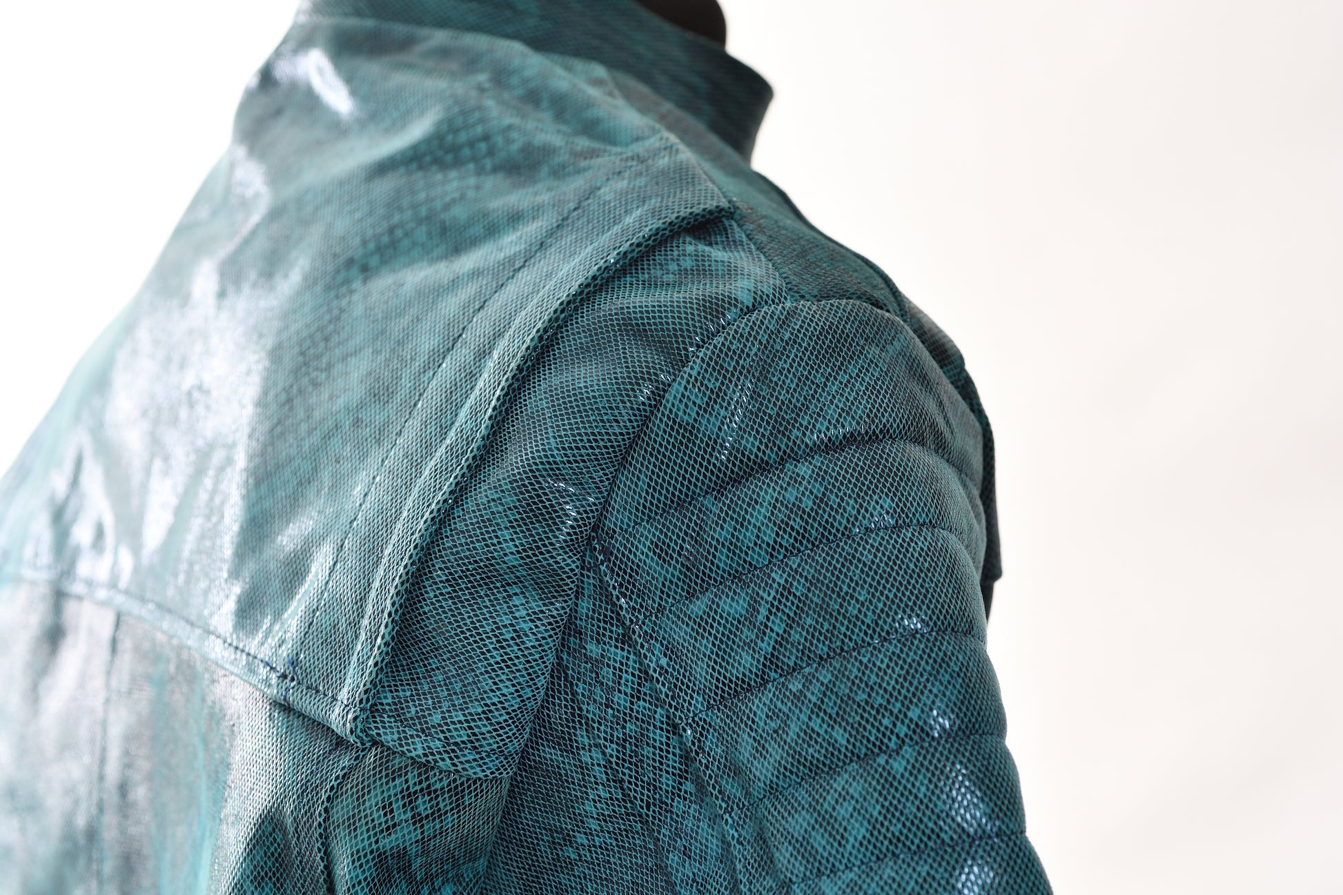 Teal Snake-Textured Leather Moto Jacket for Men dallas