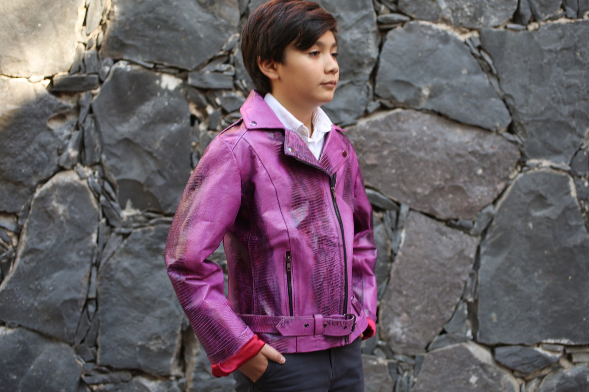 Ultra Violet Embossed Leather Moto Jacket – Glossy Lizard Texture las vegas