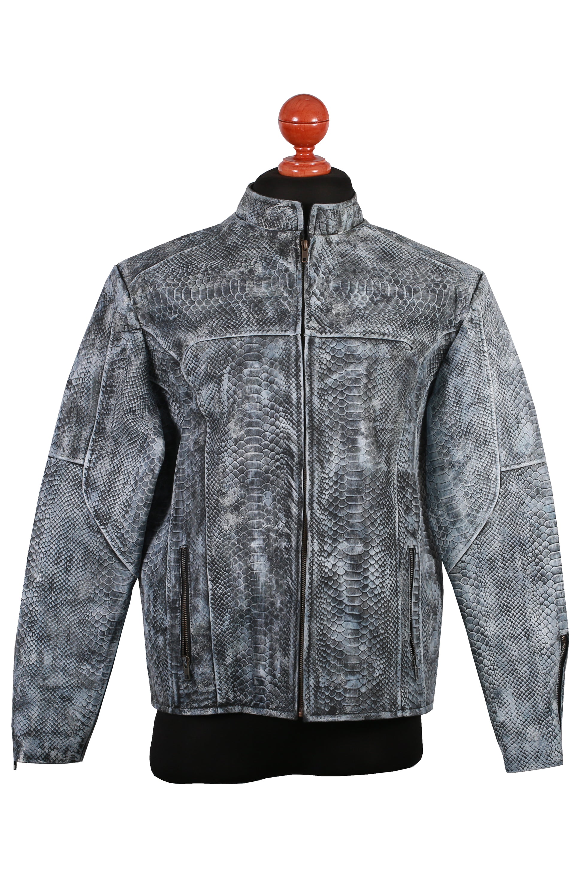 Unique Wash Gray Snake-Embossed Leather Jacket – Artisan Hand-Colored Finish