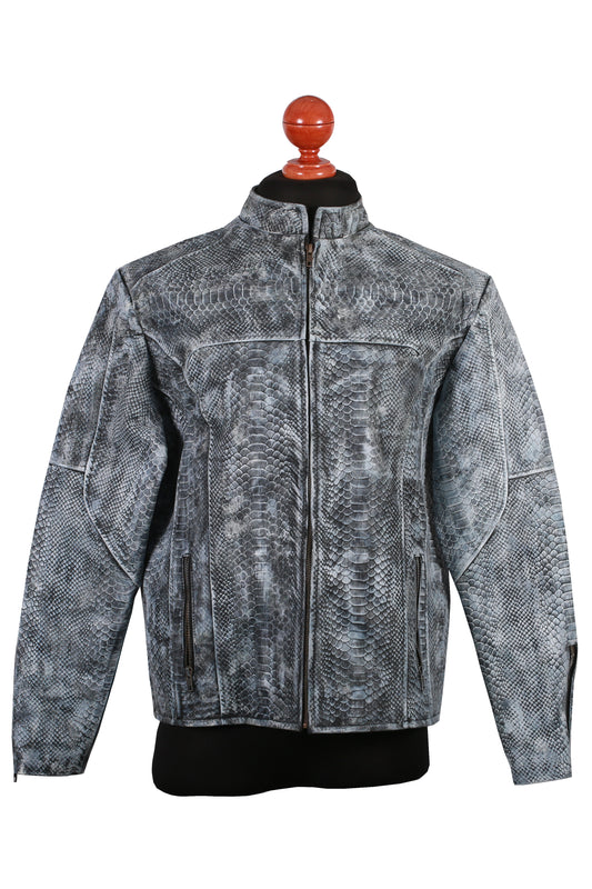 Unique Wash Gray Snake-Embossed Leather Jacket – Artisan Hand-Colored Finish