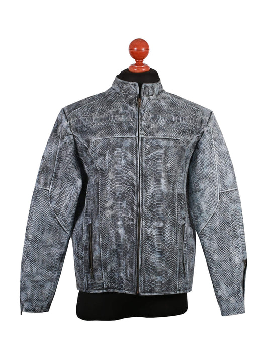 Men's Unique Wash Gray Snake-Embossed Leather Jacket – Artisan Hand-Colored