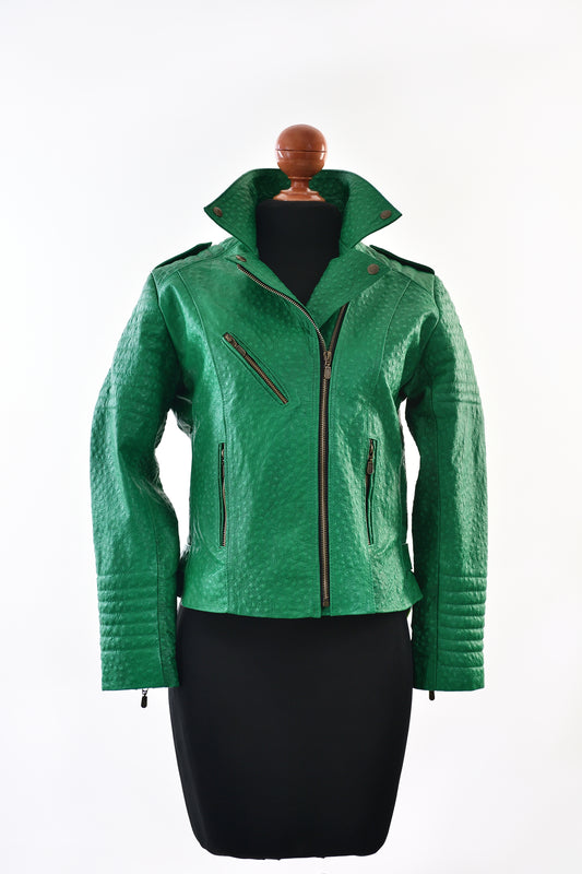 Vibrant Green Ostrich-Embossed Leather Biker Jacket