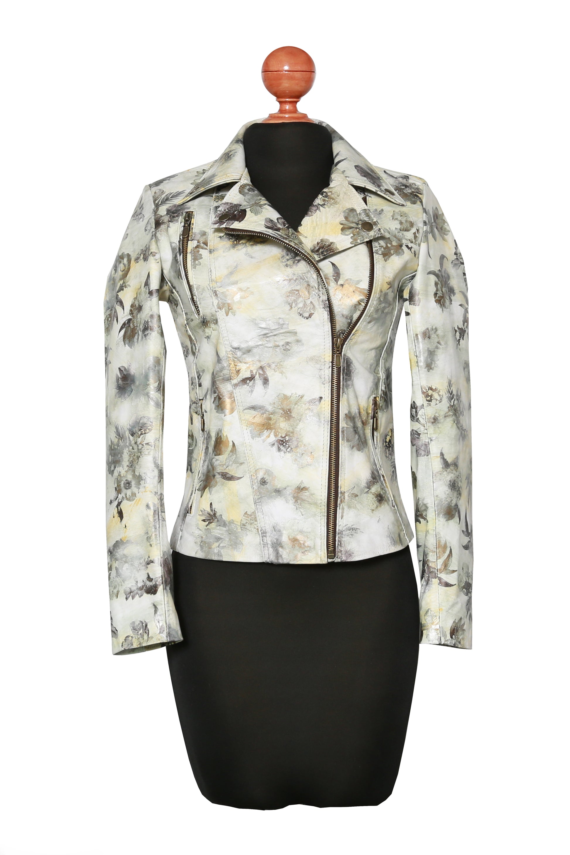 Vintage-Inspired Floral Leather Jacket – Artistic Print with Washed Finish