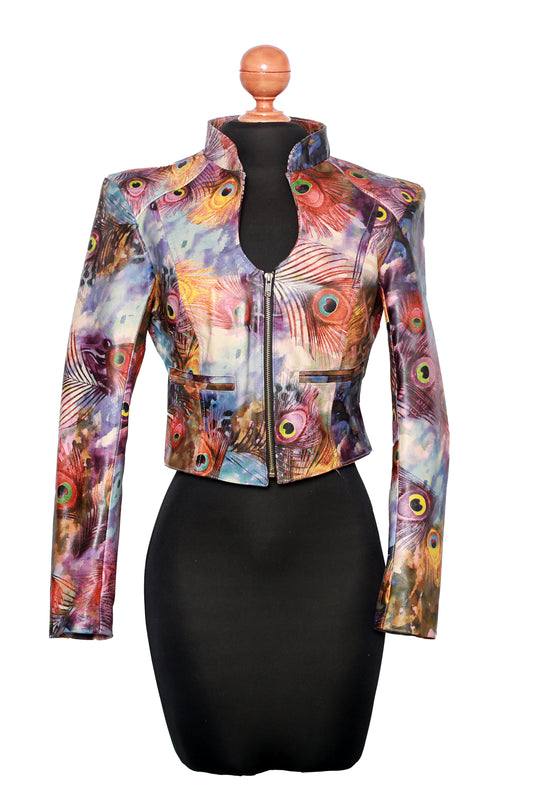 Vivid Peacock Feather Leather Blazer – Cropped Exotic Statement Jacket