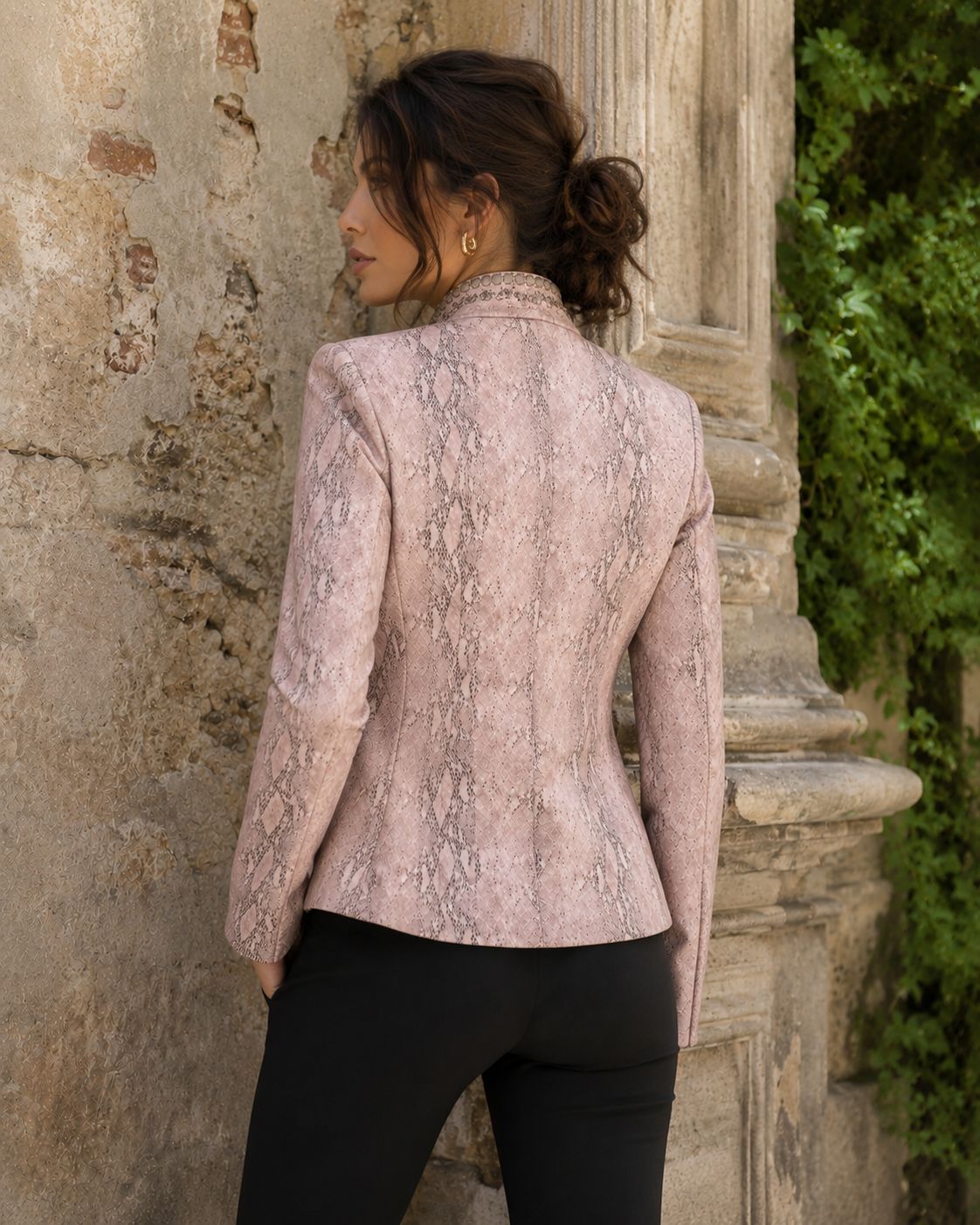Blush pink genuine leather moto jacket with bronze studs — Chicago IL