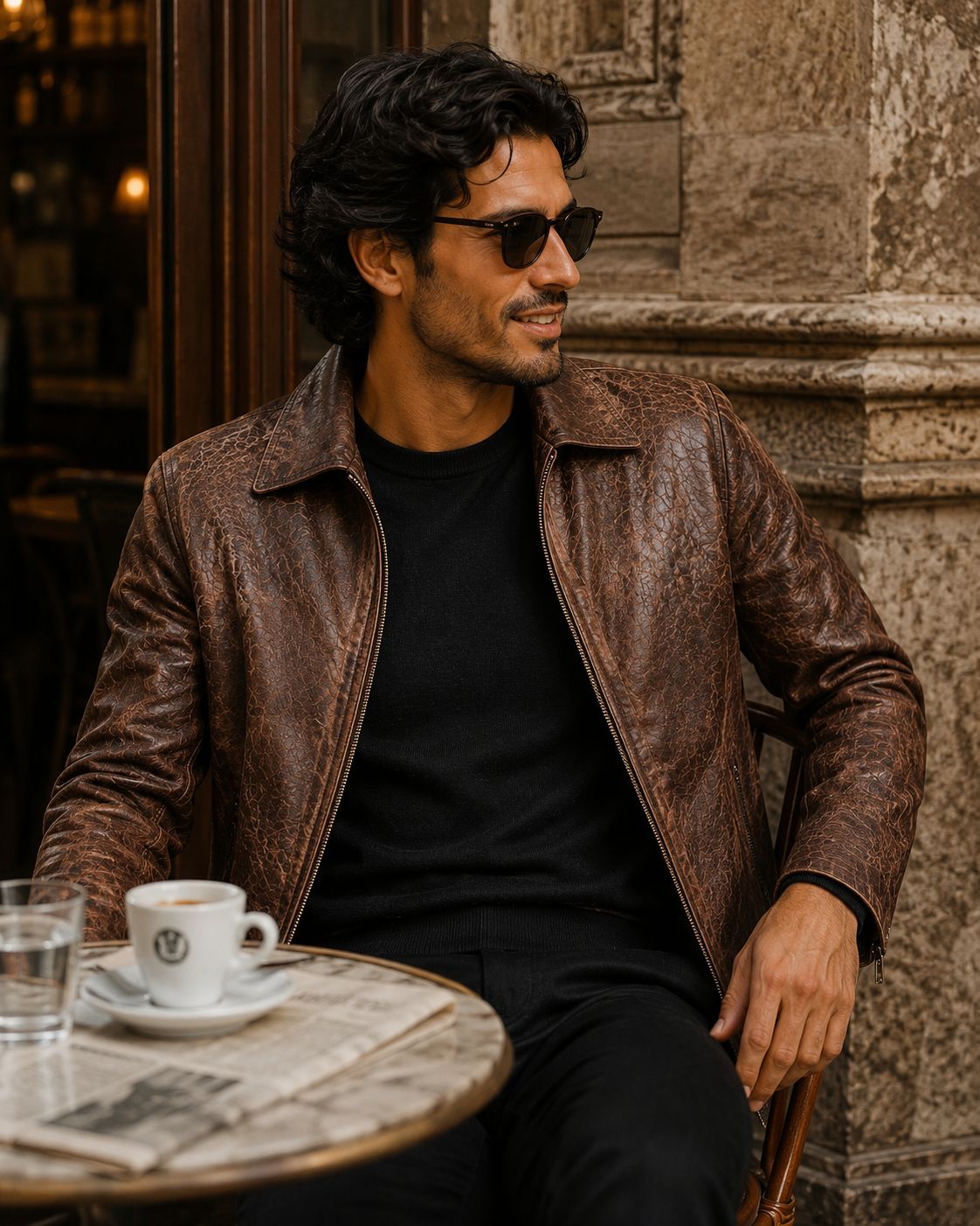 Men's hand-finished distressed leather jacket front view open — Chicago IL