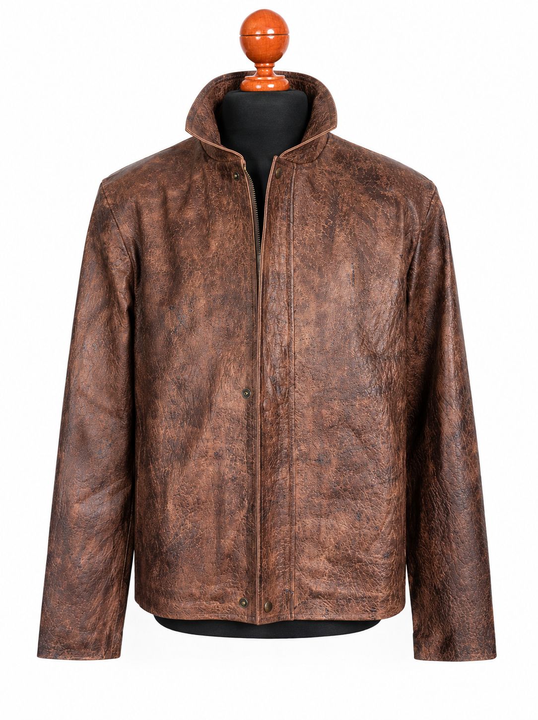 Men's vintage brown leather jacket stand collar front view — Phoenix AZ