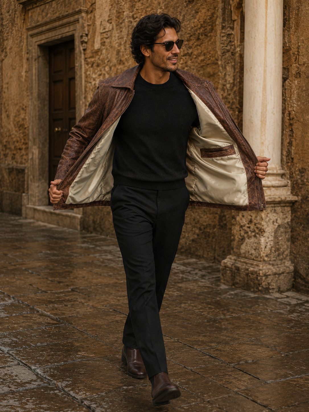 Distressed brown leather jacket worn on man León Mexico craftsmanship — Houston TX