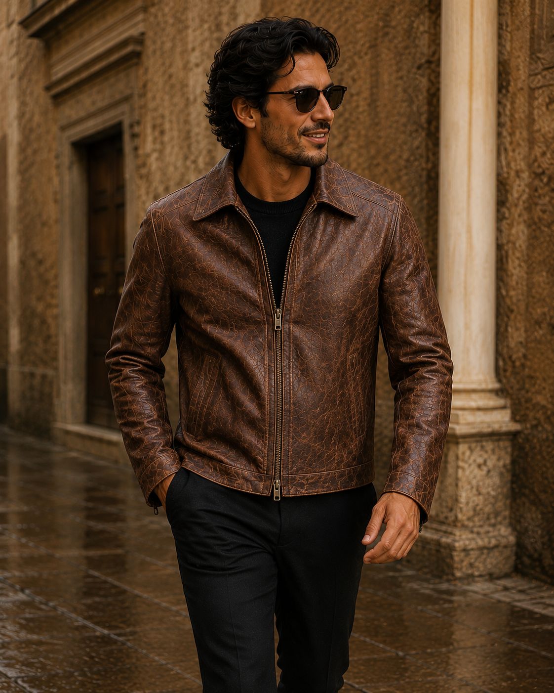 Men's distressed brown leather jacket interior cream lining — Los Angeles CA