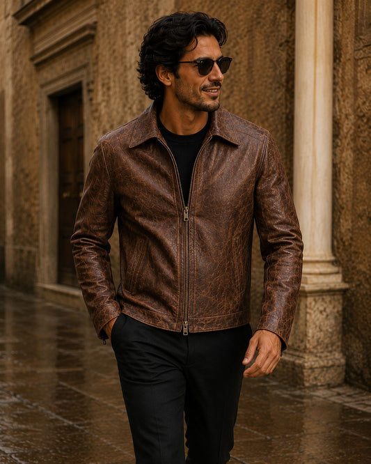 Men's distressed brown leather jacket interior cream lining — Los Angeles CA