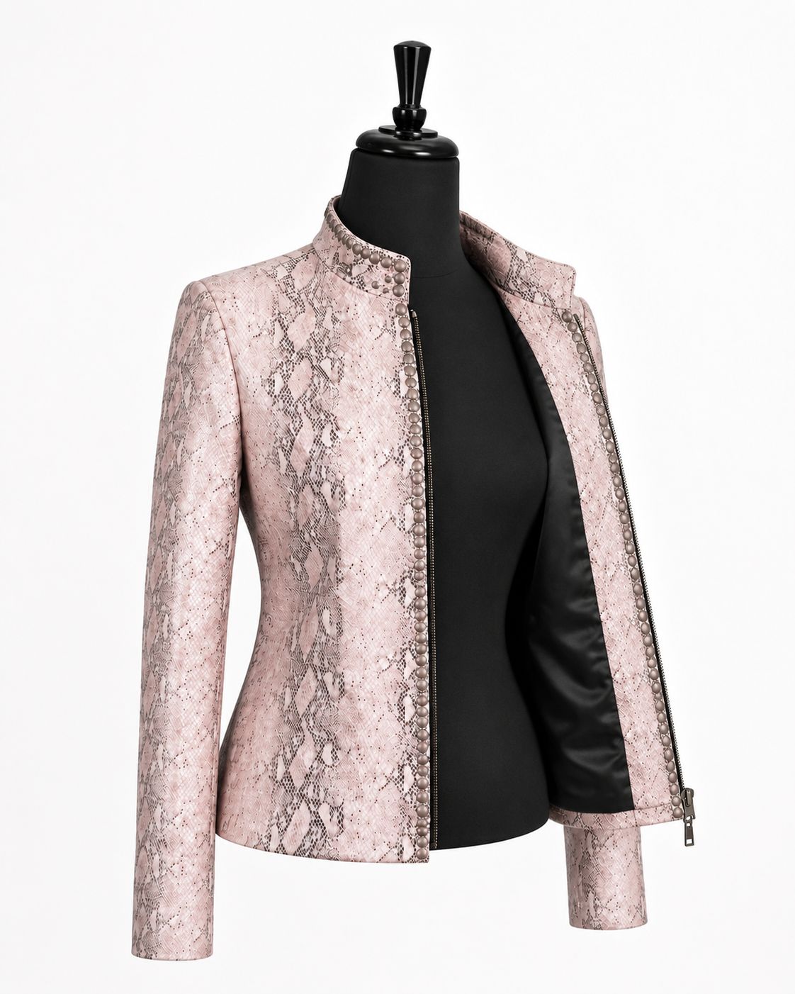 Women's blush python leather jacket close up detail — Seattle WA