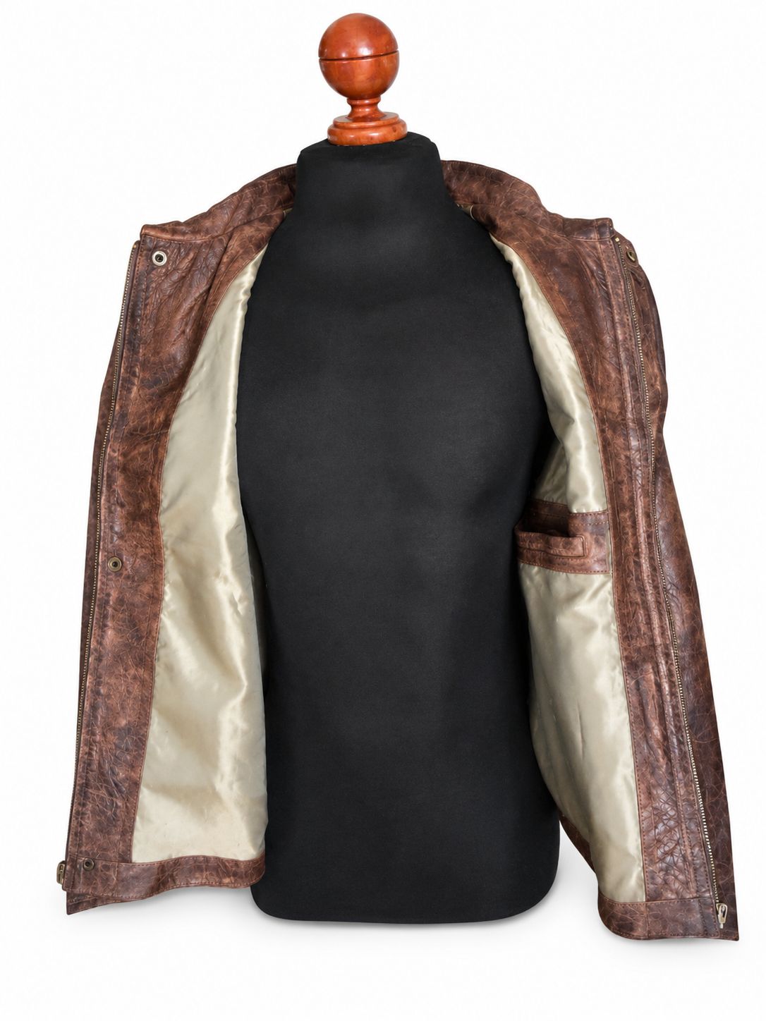 Distressed leather jacket sleeve zipper antique bronze detail — San Antonio TX