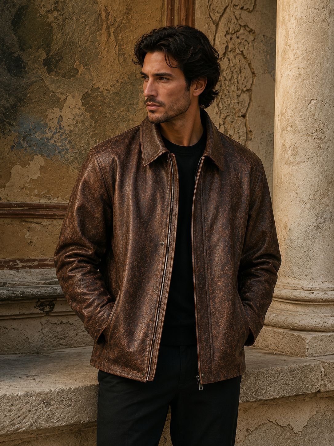 Handcrafted vintage brown leather jacket collar detail — New York City NY