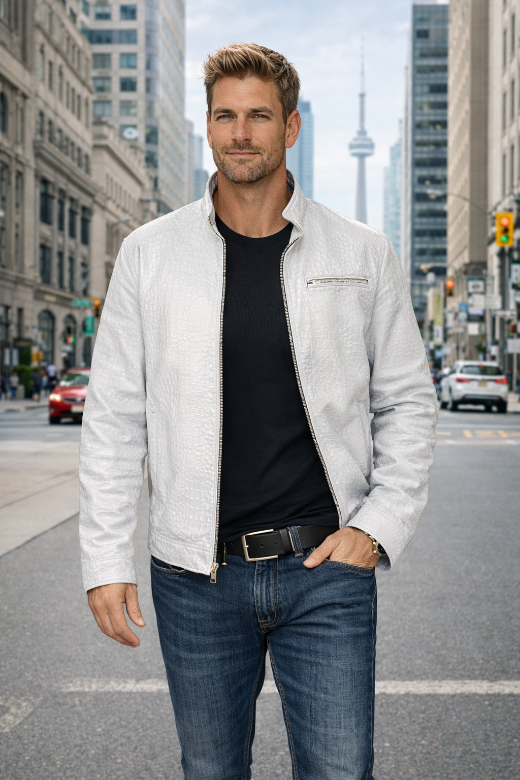 White Crocodile Embossed Leather Jacket dallas