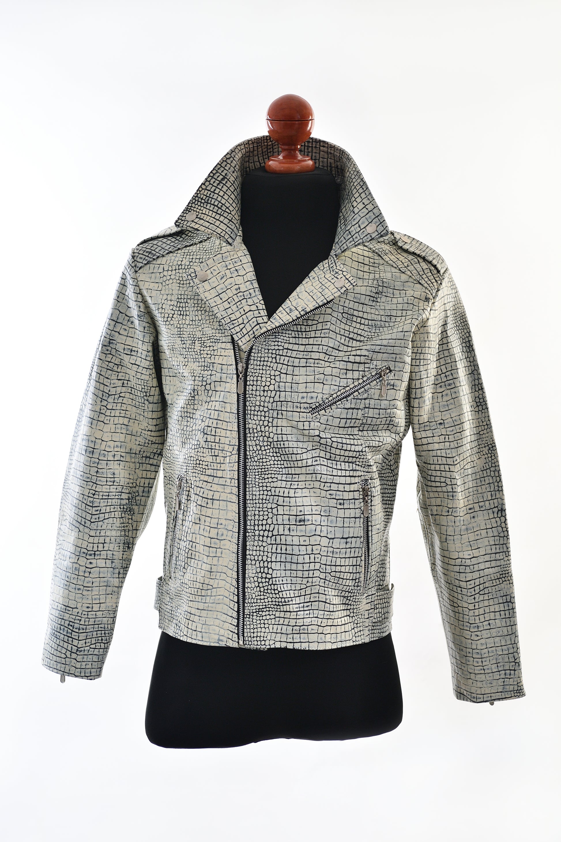White Stone Crocodile Print Leather Jacket for Men