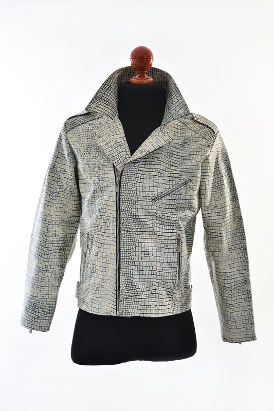 White Stone Crocodile Print Leather Jacket for Men