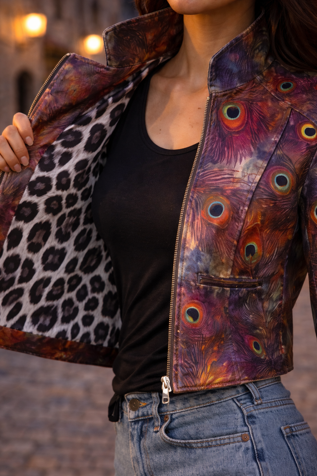Women's Vivid Peacock Feather Leather Blazer Cropped Exotic back view — Long Beach CA