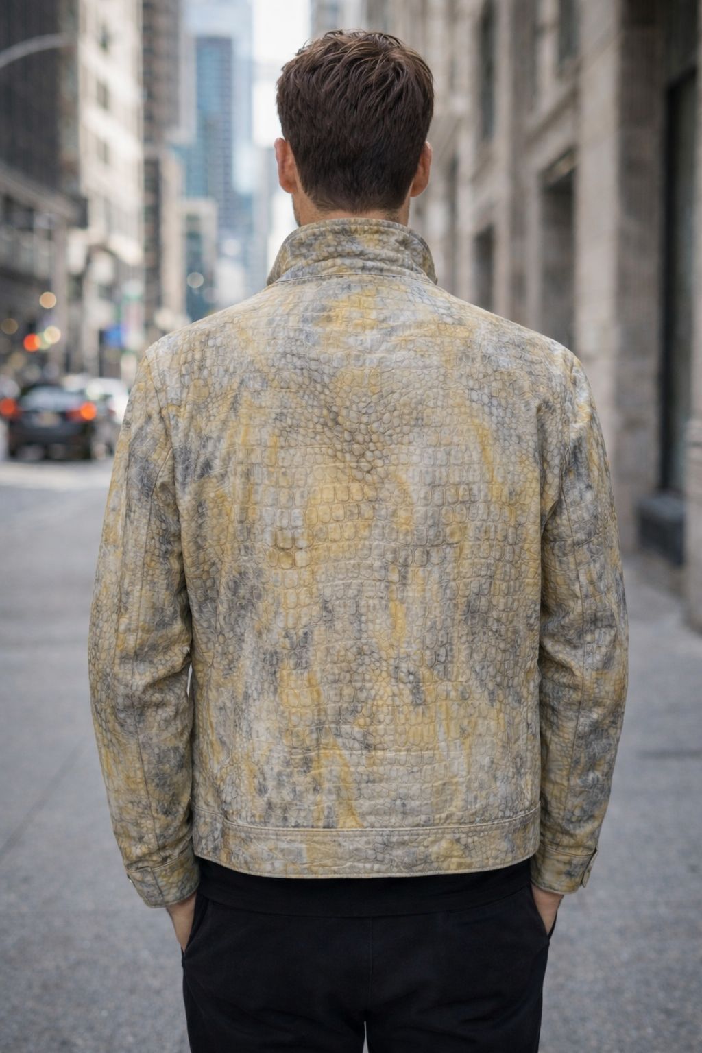 Yellow Crocodile Embossed Leather Jacket