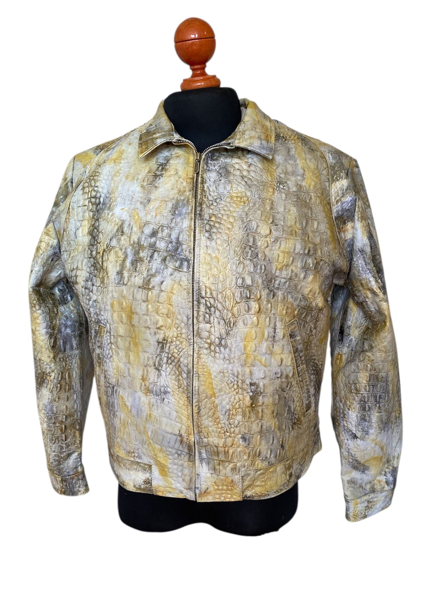 Yellow Crocodile Embossed Leather Jacket – Hand-Painted Finish Detail