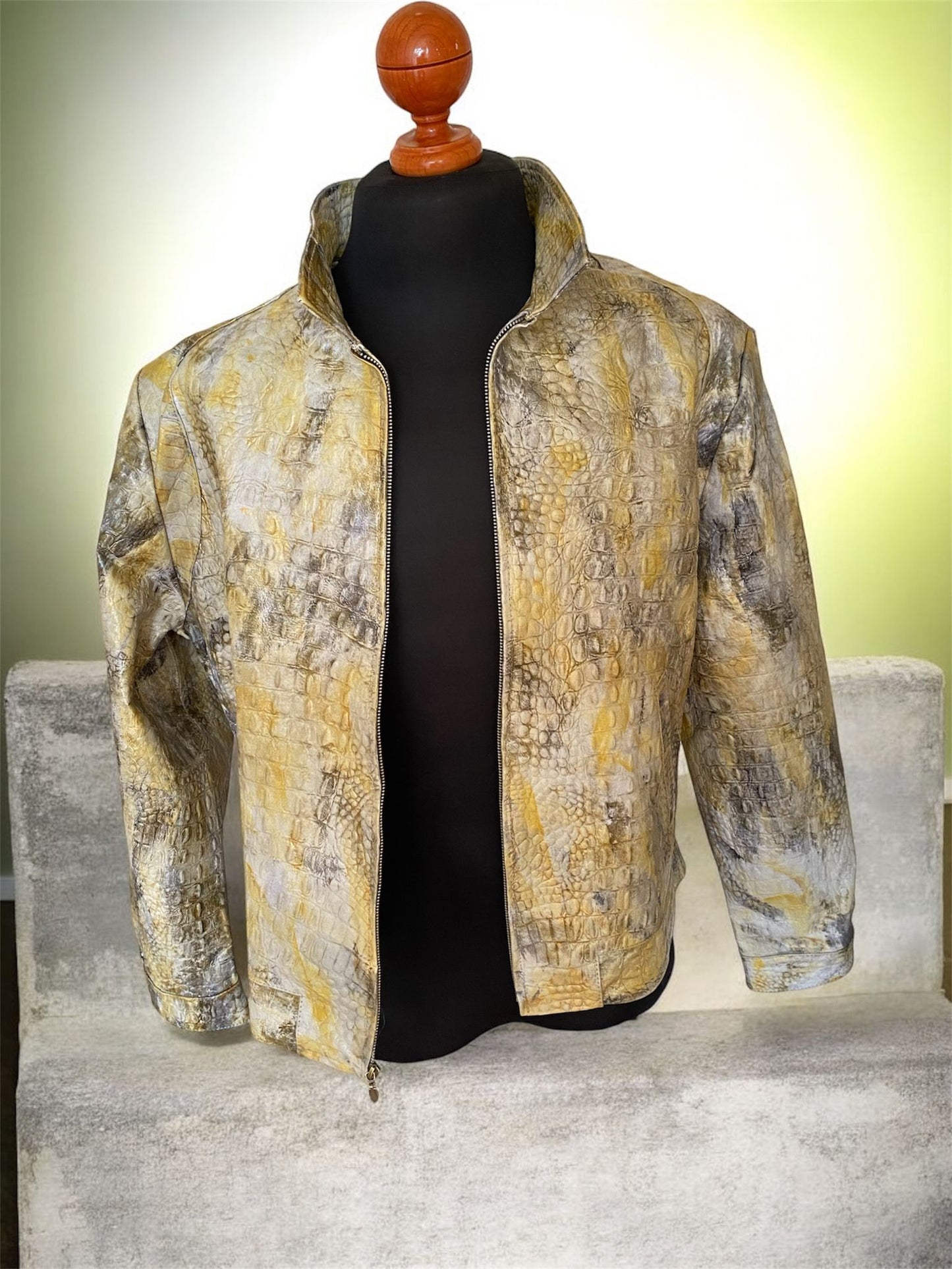 Yellow Crocodile Embossed Leather Jacket california