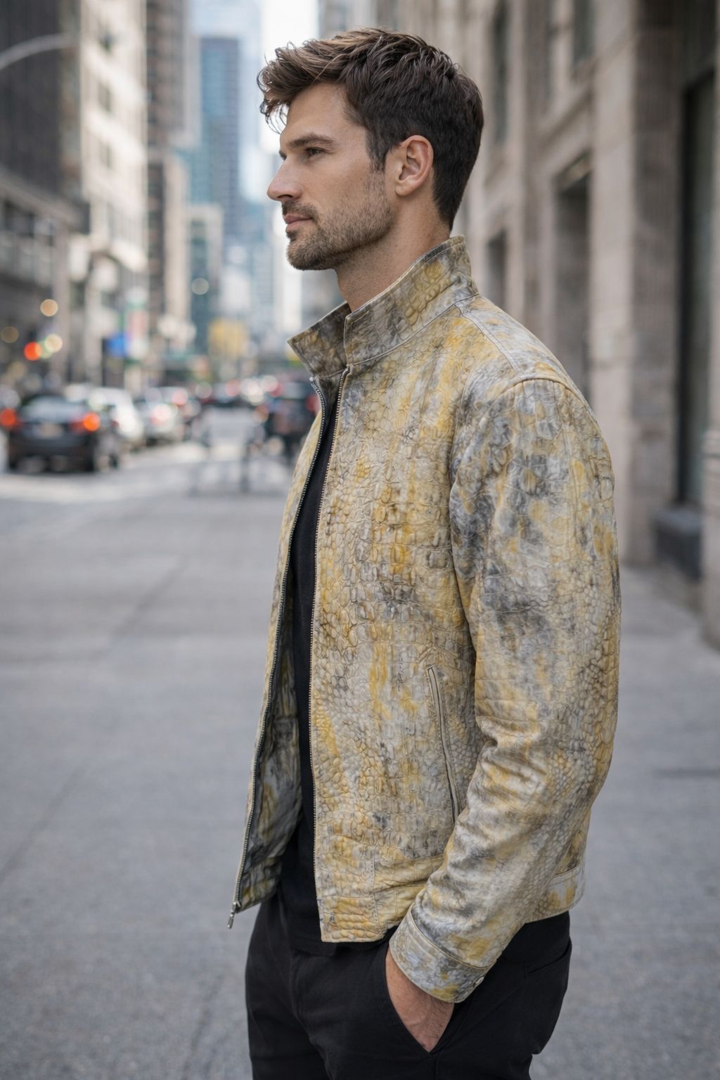 Yellow Crocodile Embossed Leather Jacket los angeles
