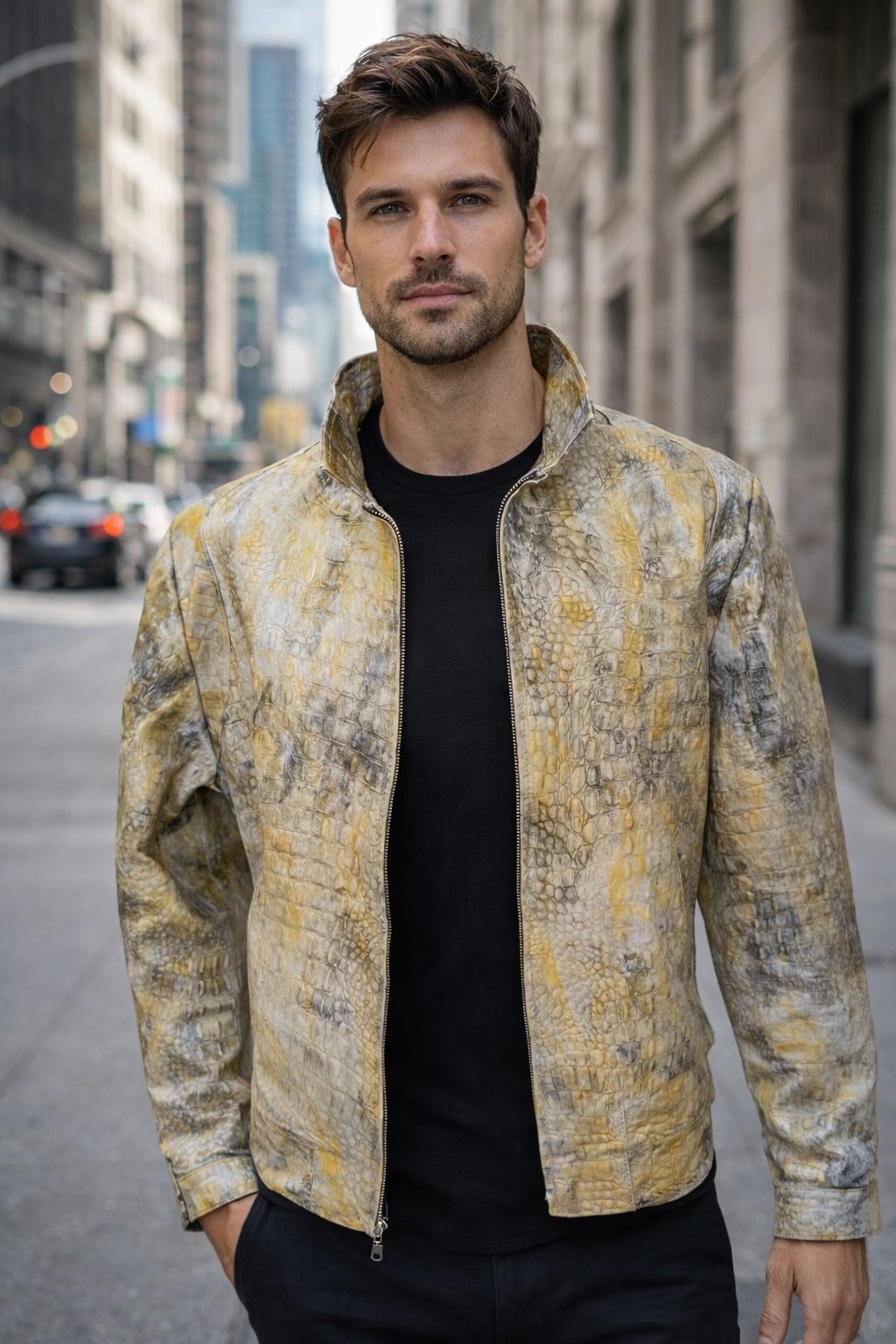 Yellow Crocodile Embossed Leather Jacket new york