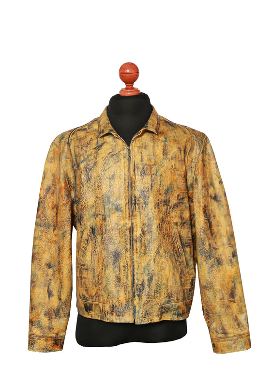 Golden Reptile Leather Bomber Jacket for Men with front zipper and reptile texture in rich ochre finish