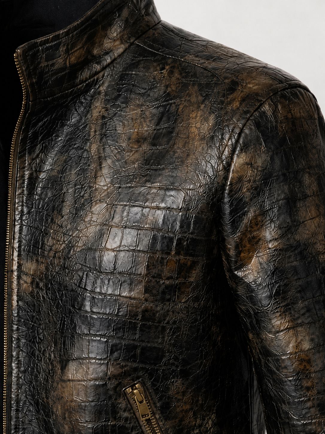 Men's Distressed Croc-Embossed Leather Moto Jacket — Dark Bronze