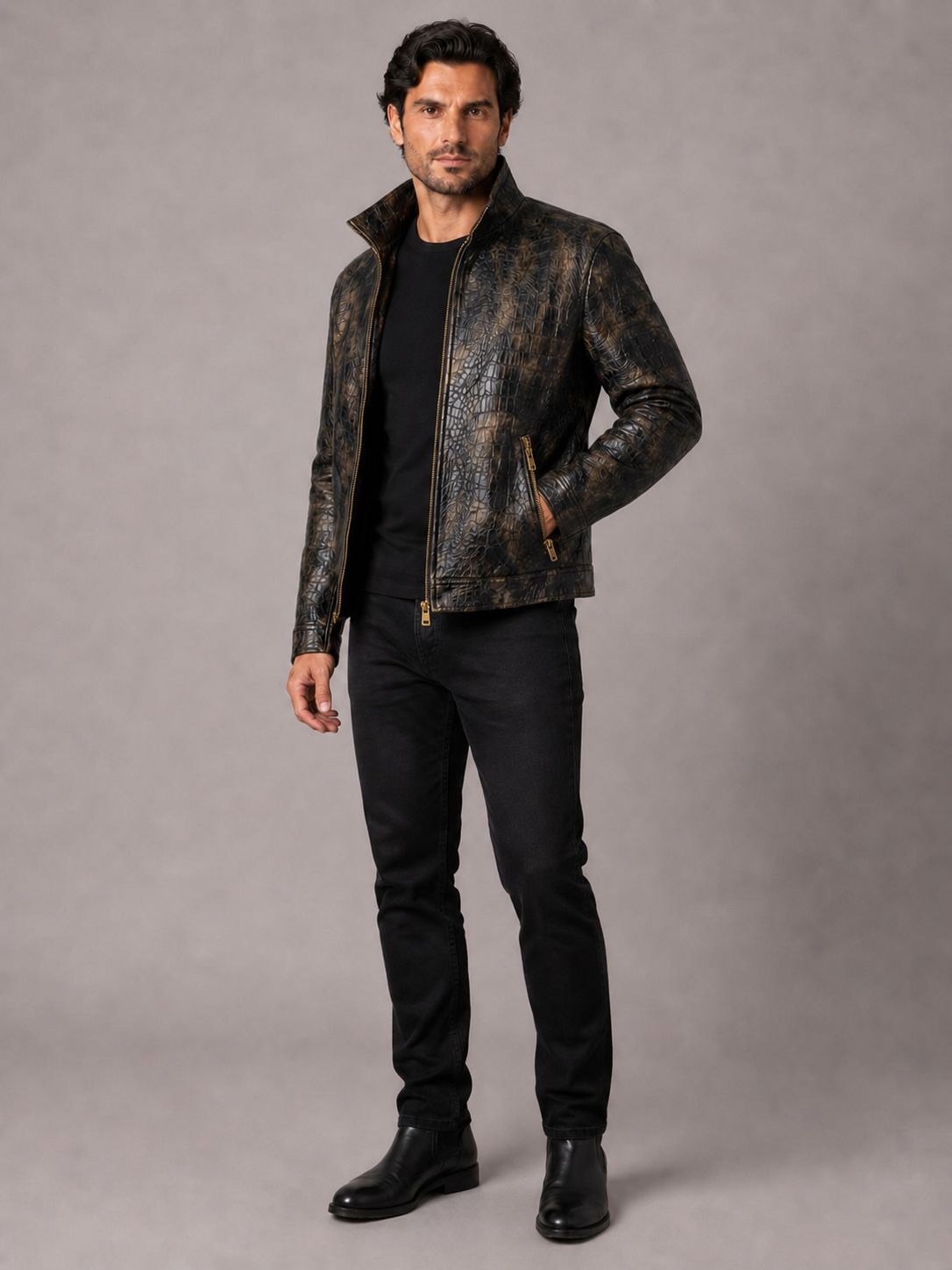 Men's Distressed Croc-Embossed Leather Moto Jacket — Dark Bronze