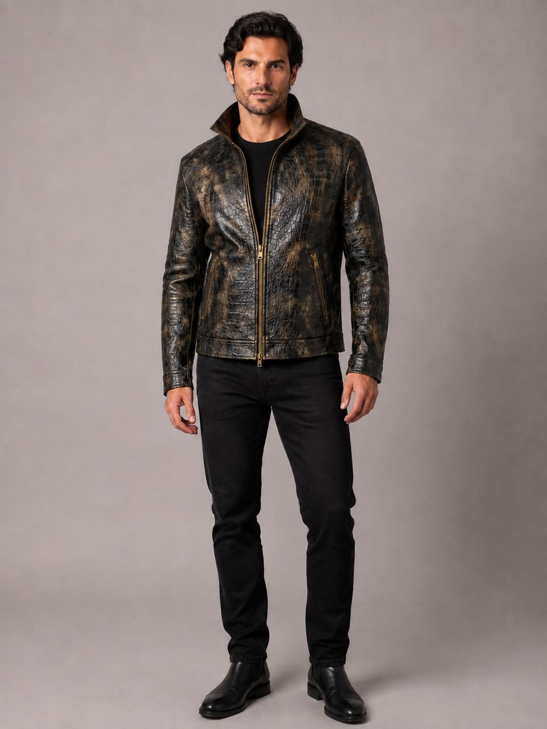 Men's Distressed Croc-Embossed Leather Moto Jacket — Dark Bronze