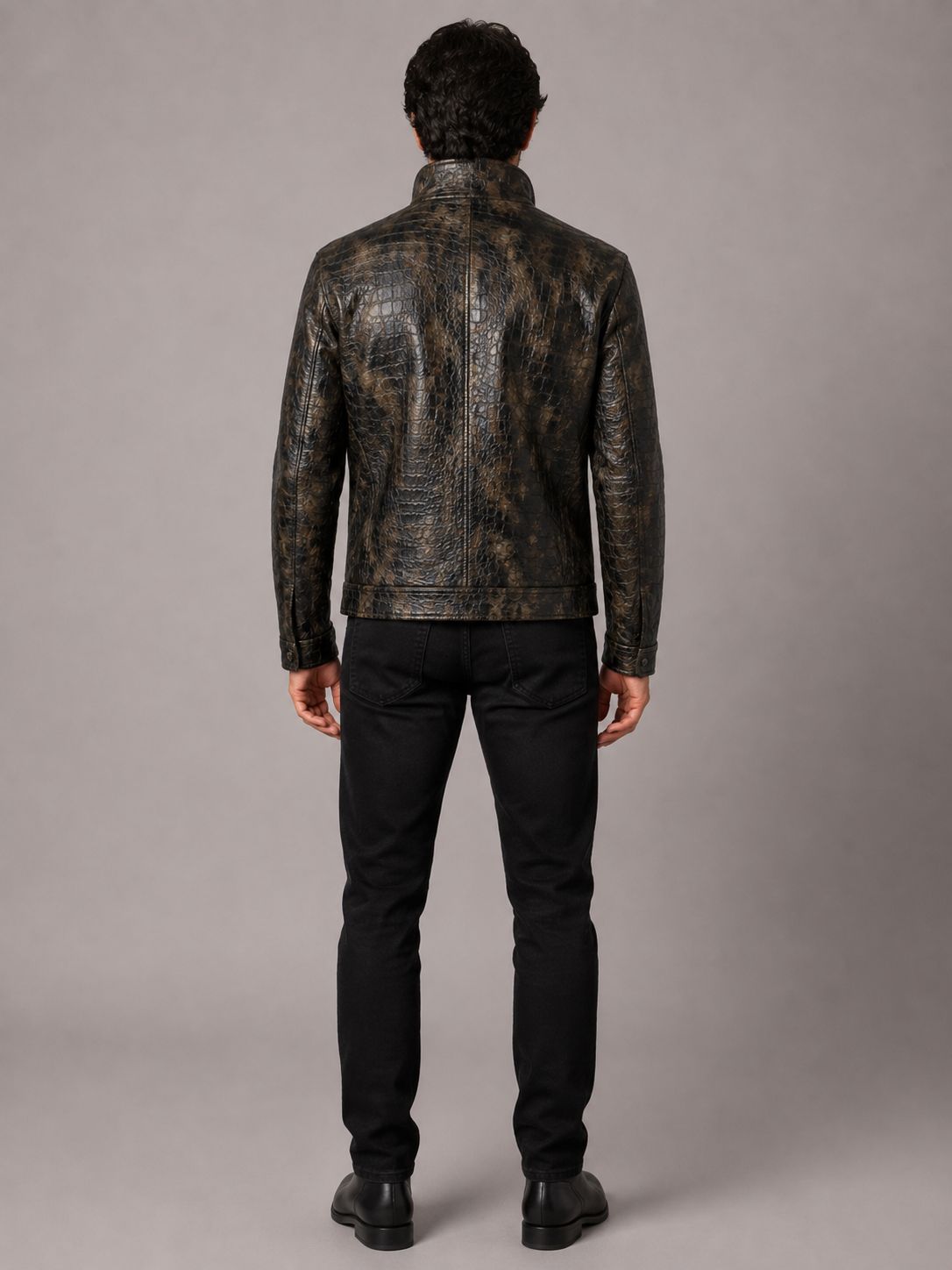 Men's Distressed Croc-Embossed Leather Moto Jacket — Dark Bronze