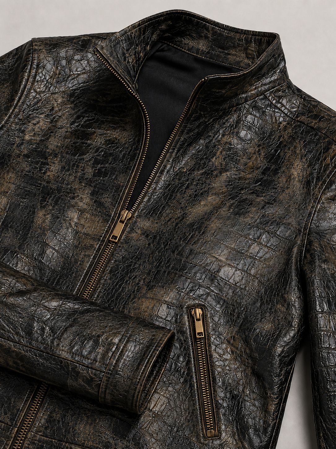 Men's Distressed Croc-Embossed Leather Moto Jacket — Dark Bronze