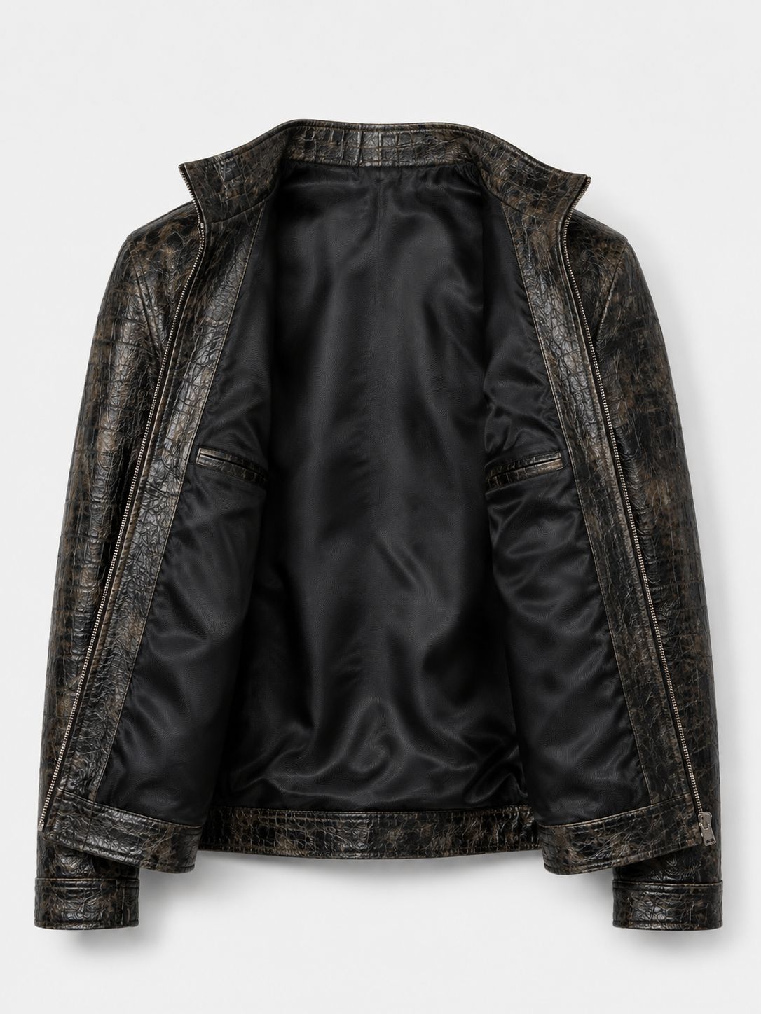 Men's Distressed Croc-Embossed Leather Moto Jacket — Dark Bronze