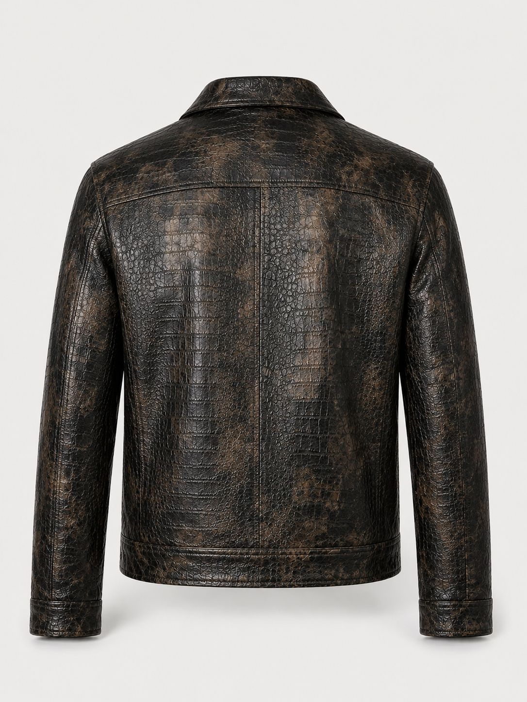 Men's Distressed Croc-Embossed Leather Moto Jacket — Dark Bronze