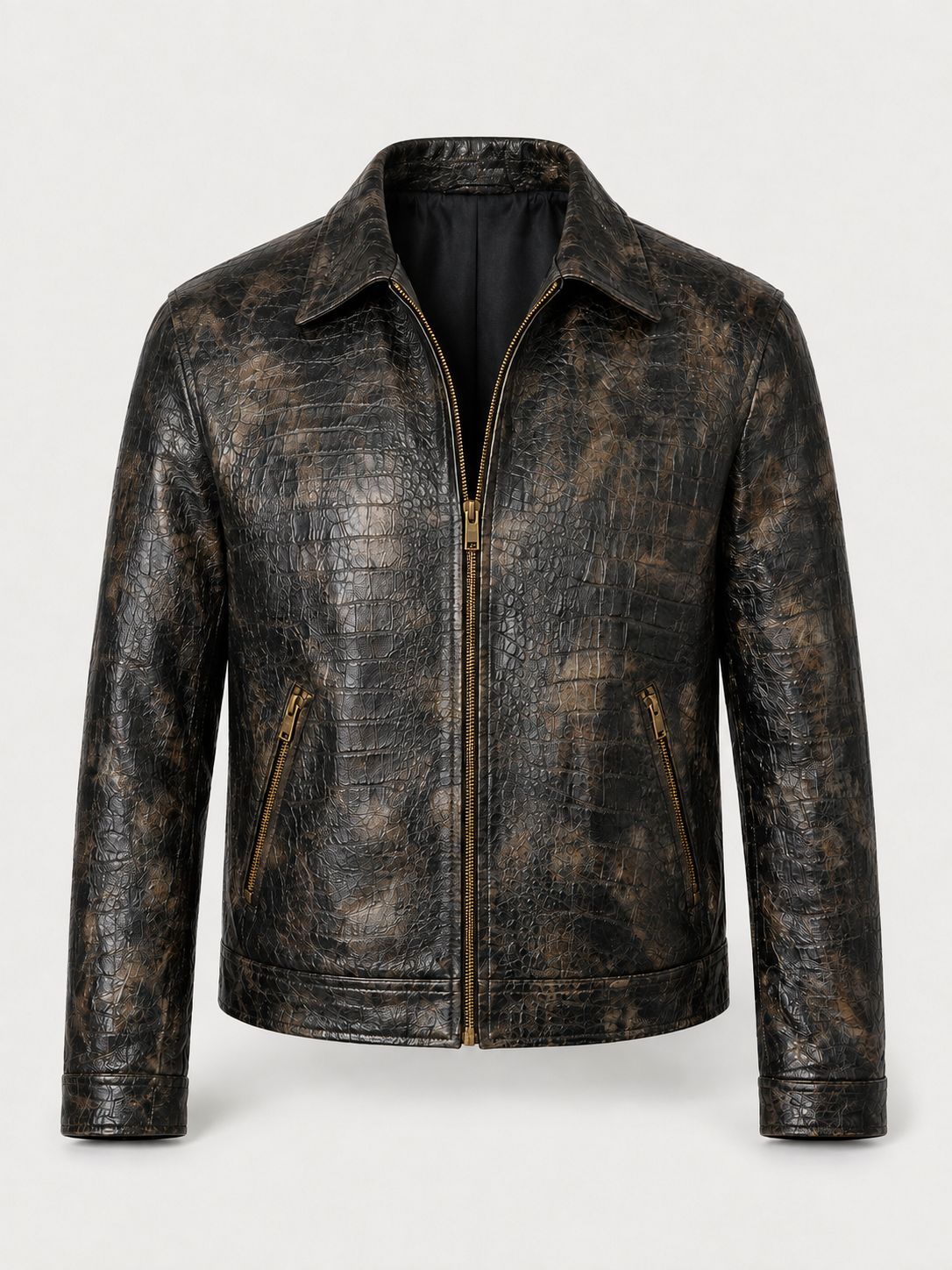 Men's Distressed Croc-Embossed Leather Moto Jacket — Dark Bronze