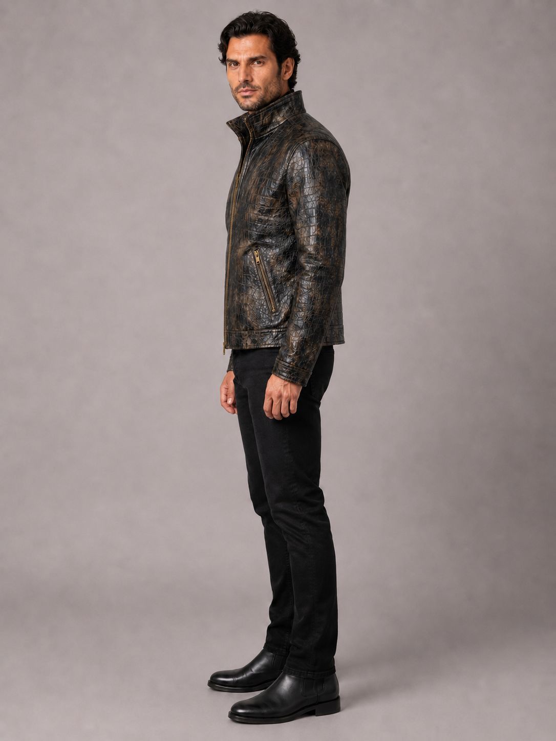 Men's Distressed Croc-Embossed Leather Moto Jacket — Dark Bronze