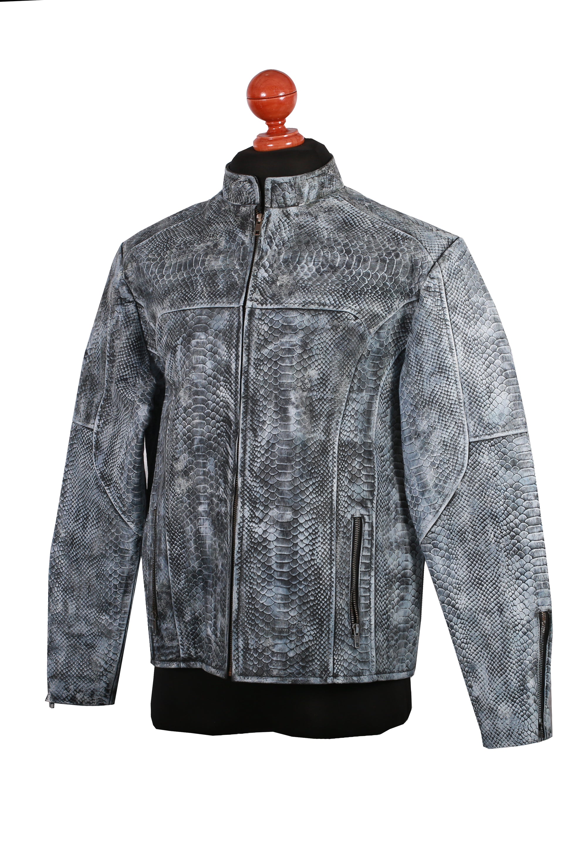 mens Unique Wash Gray Snake-Embossed Leather Jacket
