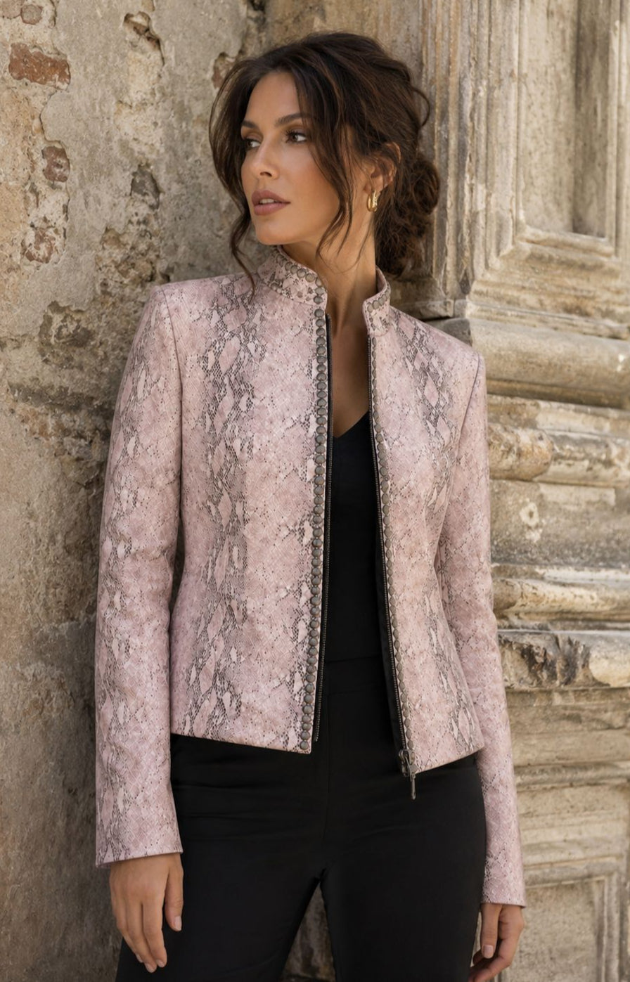Women's Blush Pink Python-Embossed Leather Jacket with Studded Detail