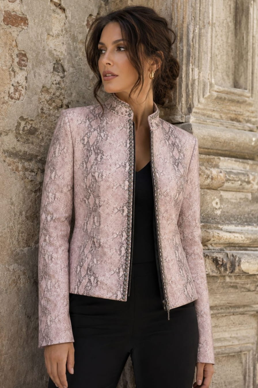 Women's blush pink python leather jacket front view handcrafted — Austin TX