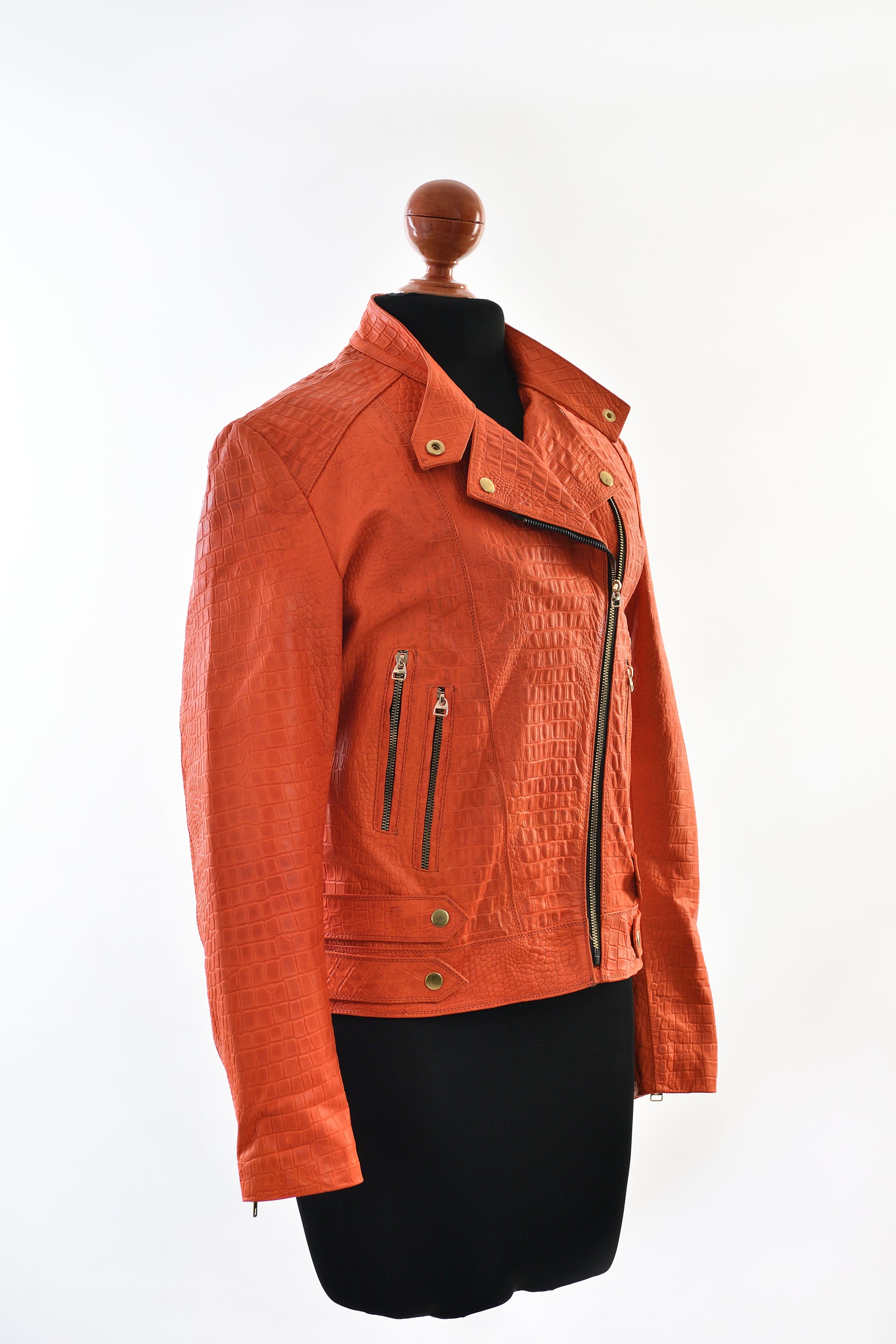 women Crocodile-Embossed Leather Jacket in Burnt Orange