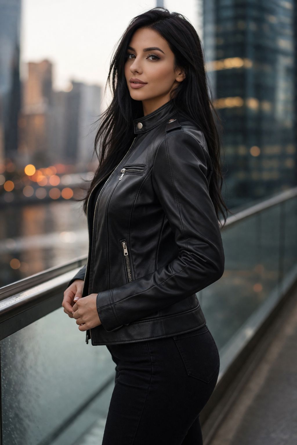 Band collar snap button detail — women's black leather moto jacket