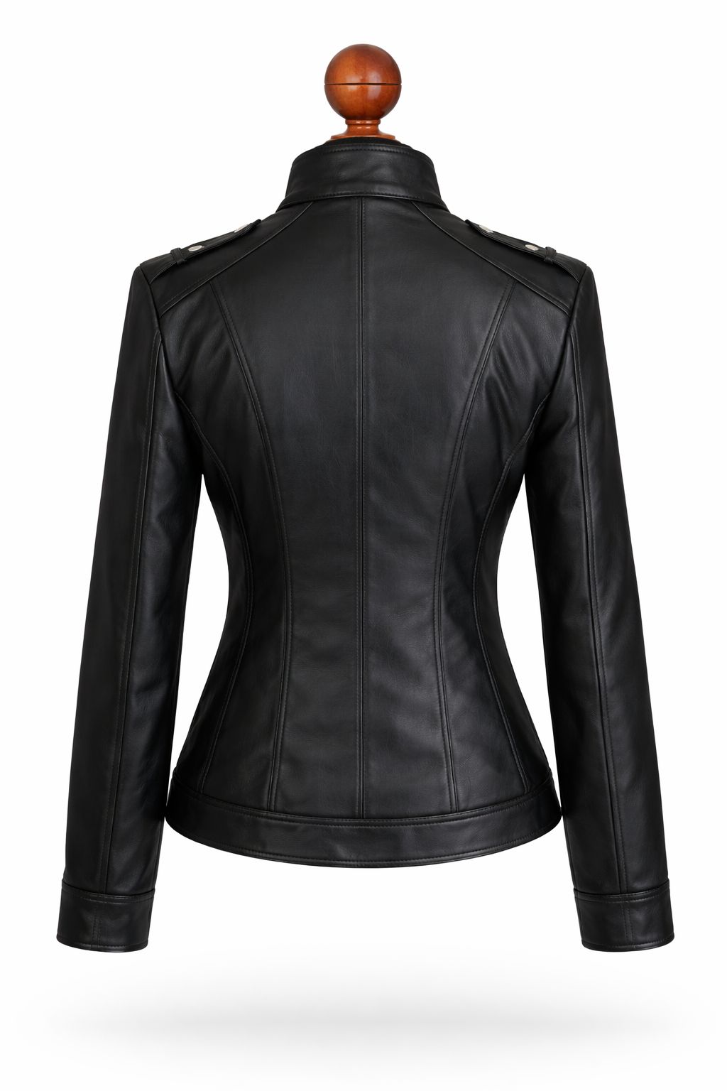 Side view women's black leather moto jacket tailored feminine fit