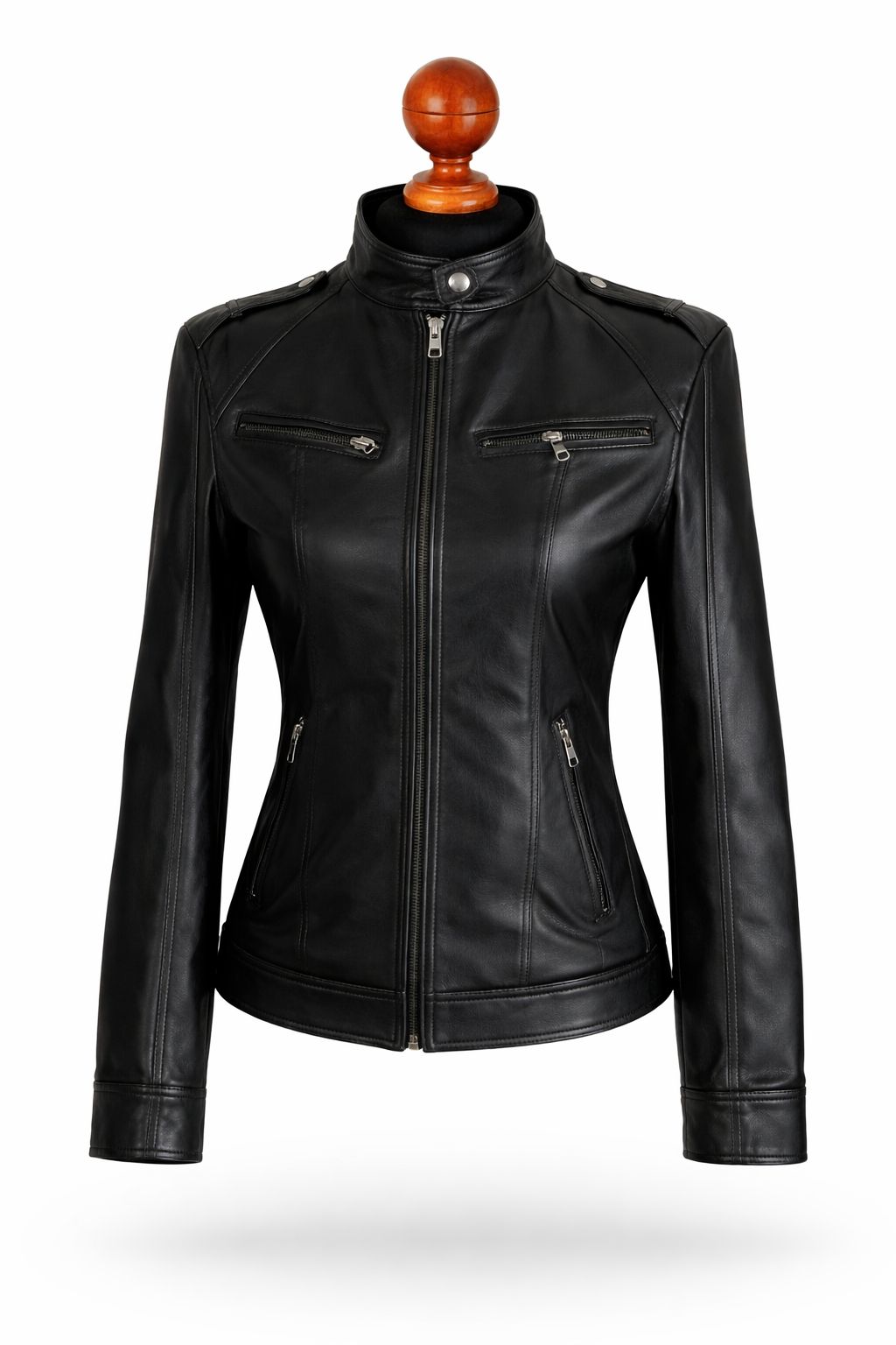 Polished silver zipper hardware — women's black leather moto jacket genuine cowhide