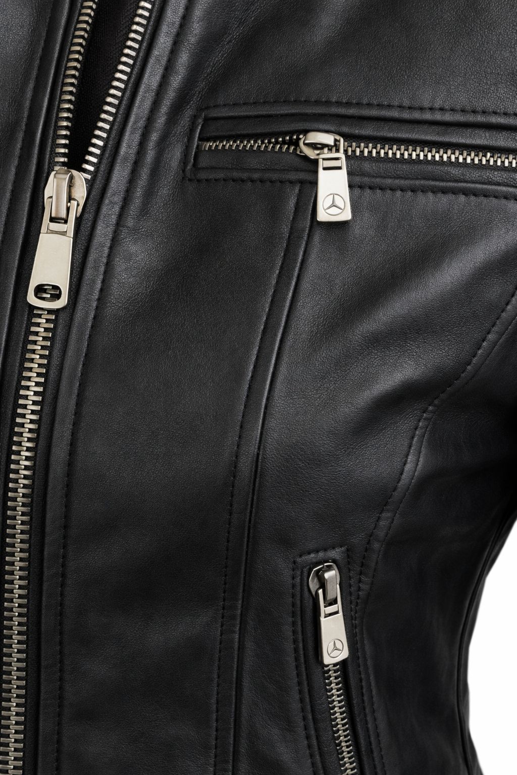 Women's black leather moto jacket lining and stitching detail — Bring the Leather