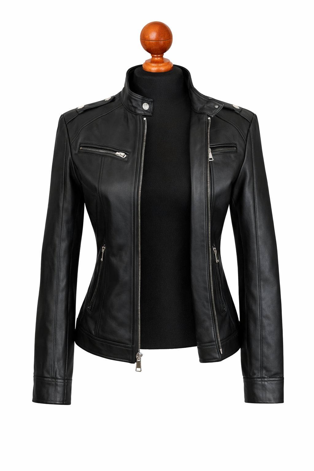 Women's black leather moto jacket street style — handmade in León Mexico