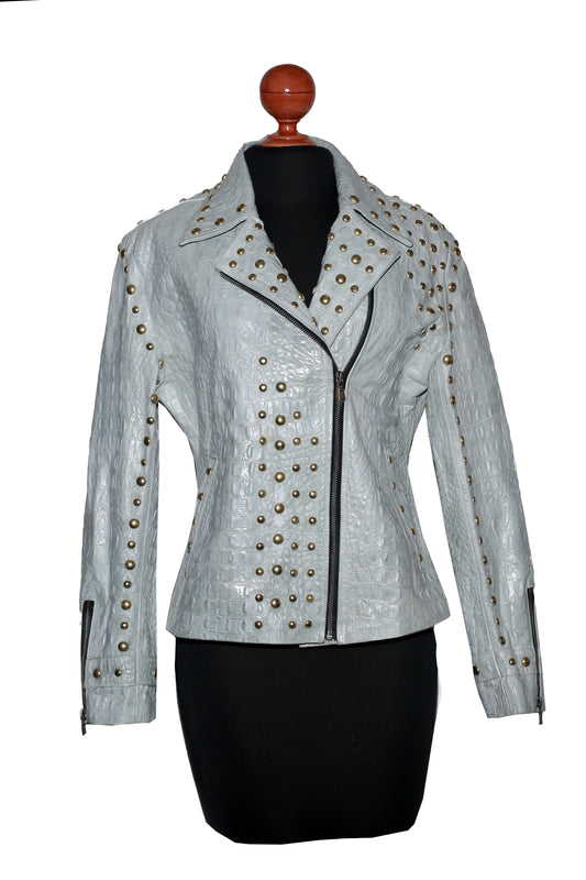 womens Arctic Gray Studded Leather Biker Jacket
