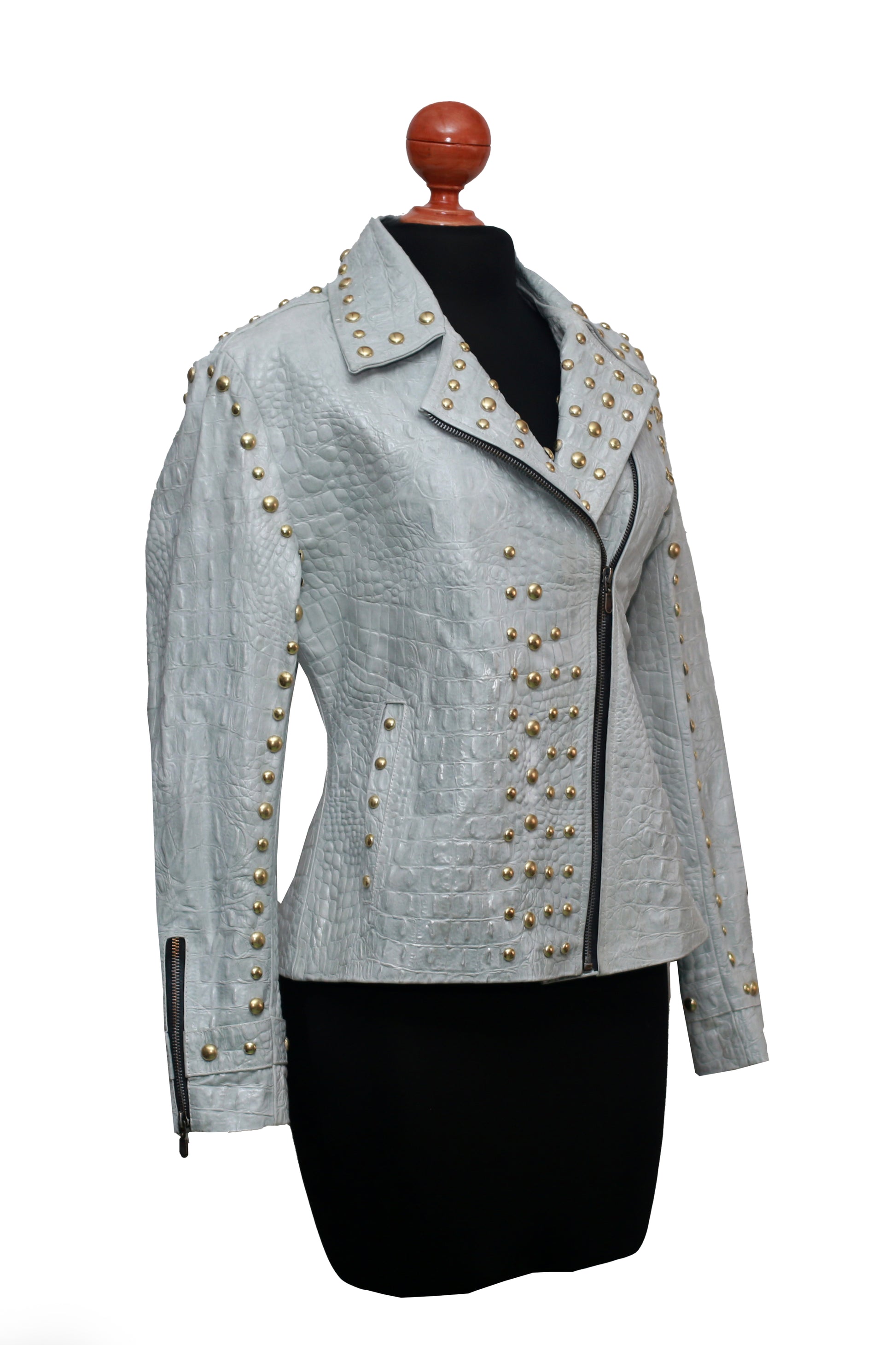 womens Arctic Gray Studded Leather Biker Jacket los angeles