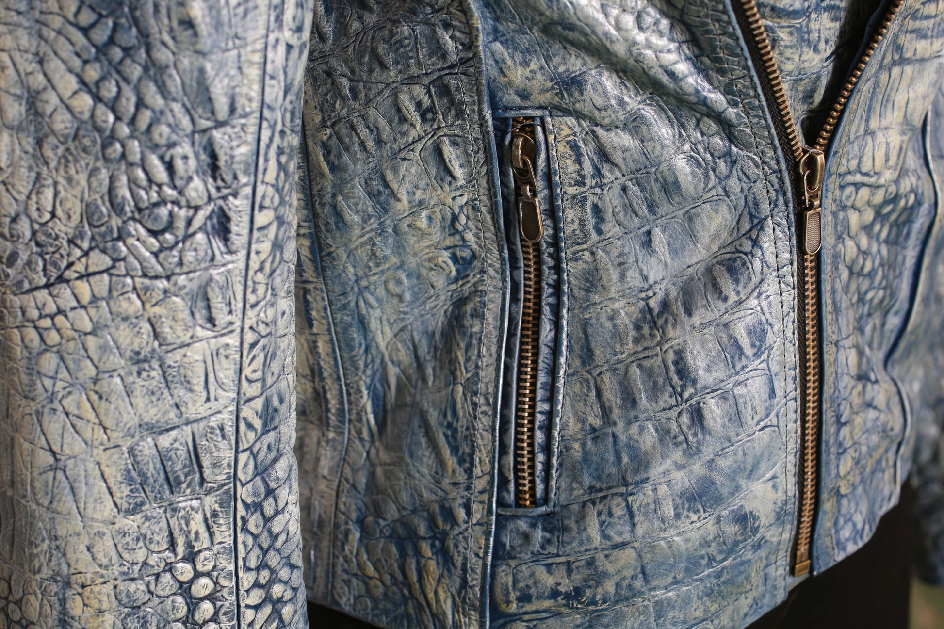 womens Blue Biker Jacket – Crocodile Embossed Leather new york