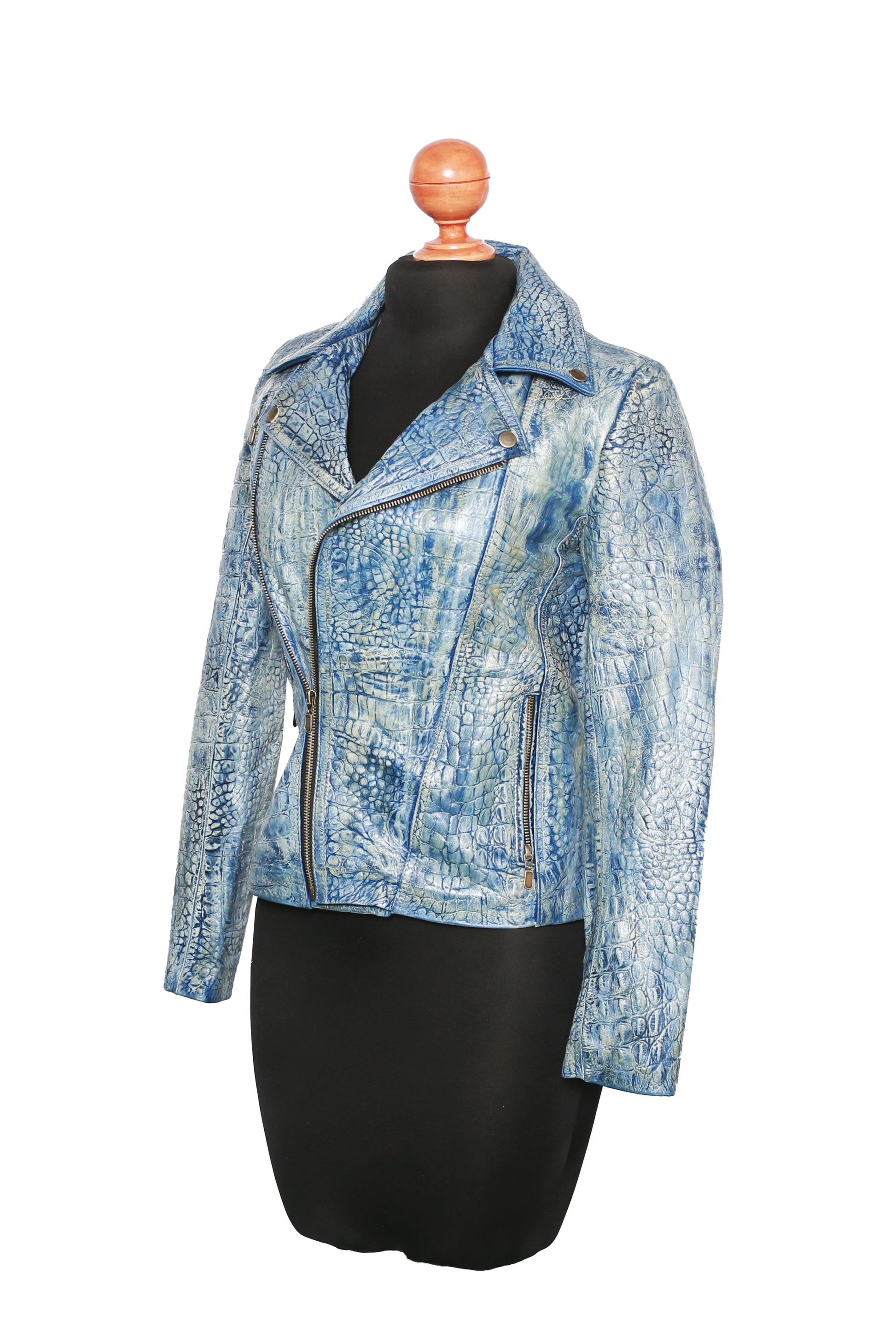 womens Blue Biker Jacket – Crocodile Embossed Leather san antonio